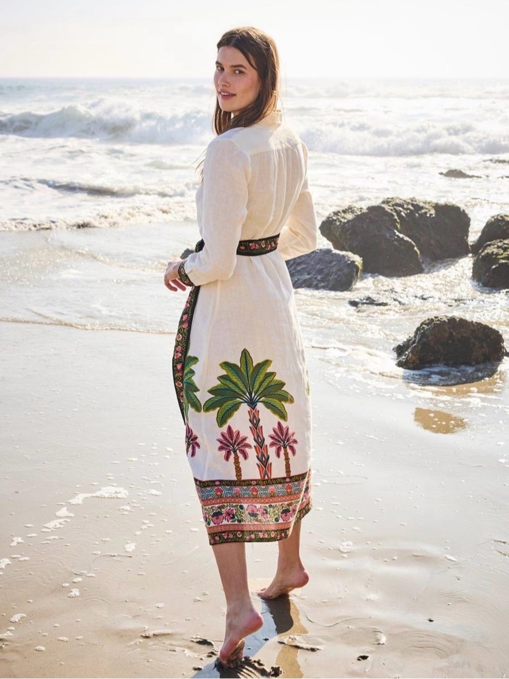 NWT Printfresh Embroidered Linen Blend Dress Cream Palm Tree Sz S- Code 1353 - Picture 2 of 4